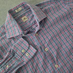Peter Millar Men Medium Plaid Button Down Shirt Blue Red 100% Cotton Long Sleeve